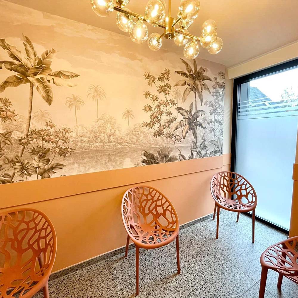 Aménagement de salle d’attente de cabinet dentaire avec décor mural et mobilier